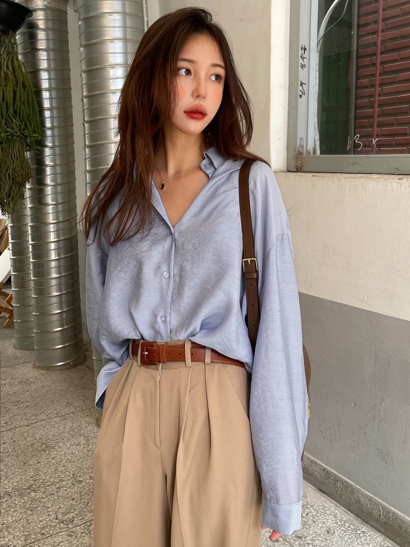 DAZY Button Up Drop Shoulder Shirt Dusty Blue