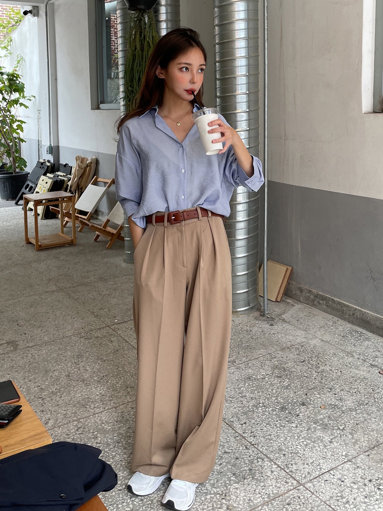 DAZY Button Up Drop Shoulder Shirt Dusty Blue