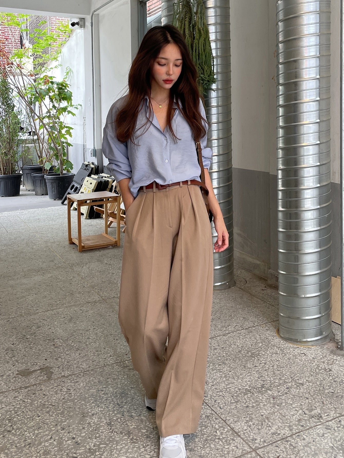 DAZY Button Up Drop Shoulder Shirt Dusty Blue