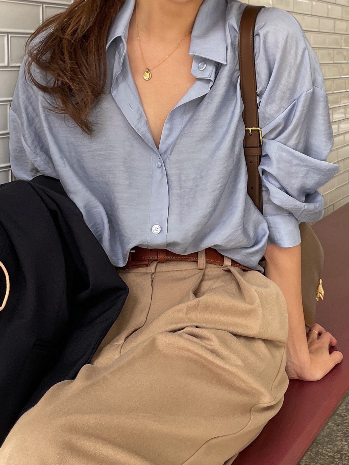 DAZY Button Up Drop Shoulder Shirt Dusty Blue