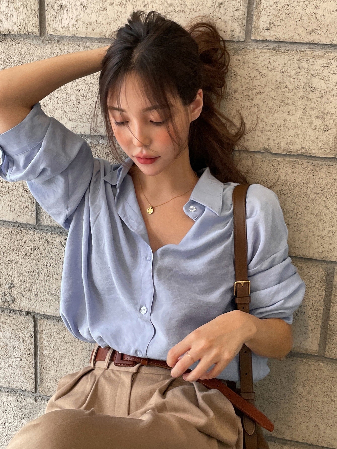 DAZY Button Up Drop Shoulder Shirt Dusty Blue
