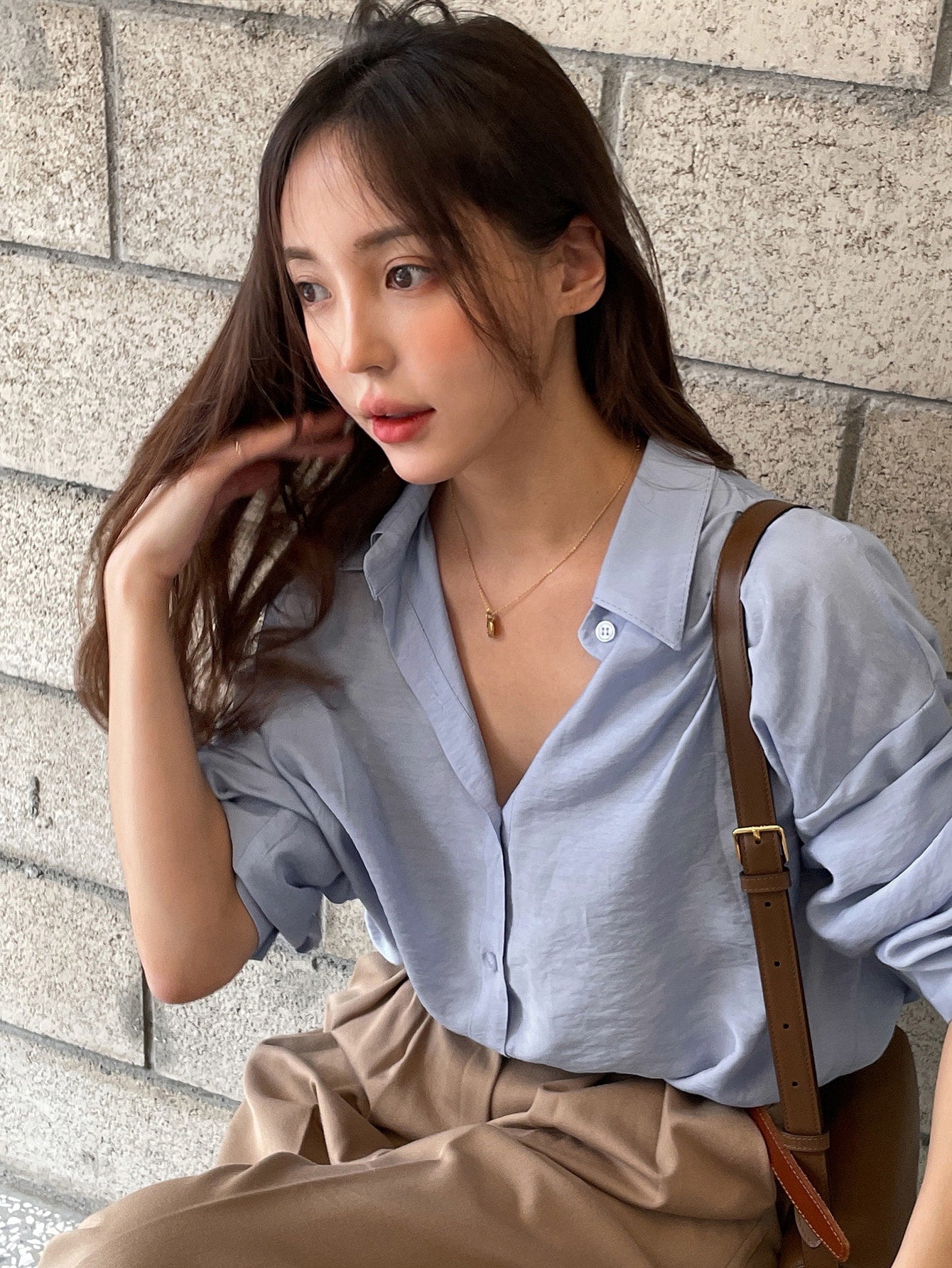 DAZY Button Up Drop Shoulder Shirt Dusty Blue
