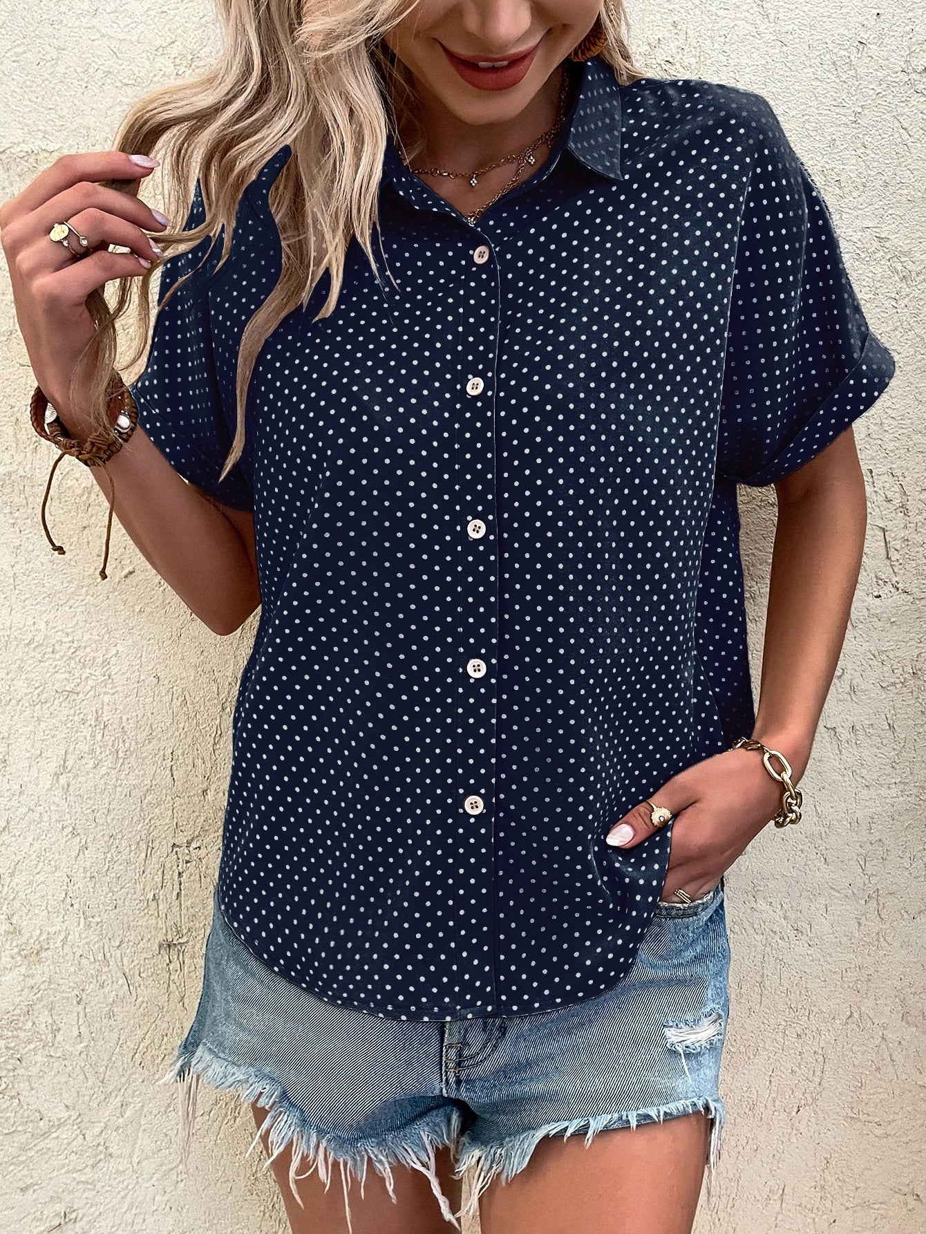 EMERY ROSE Polka Dot Print Batwing Sleeve Shirt Navy Blue