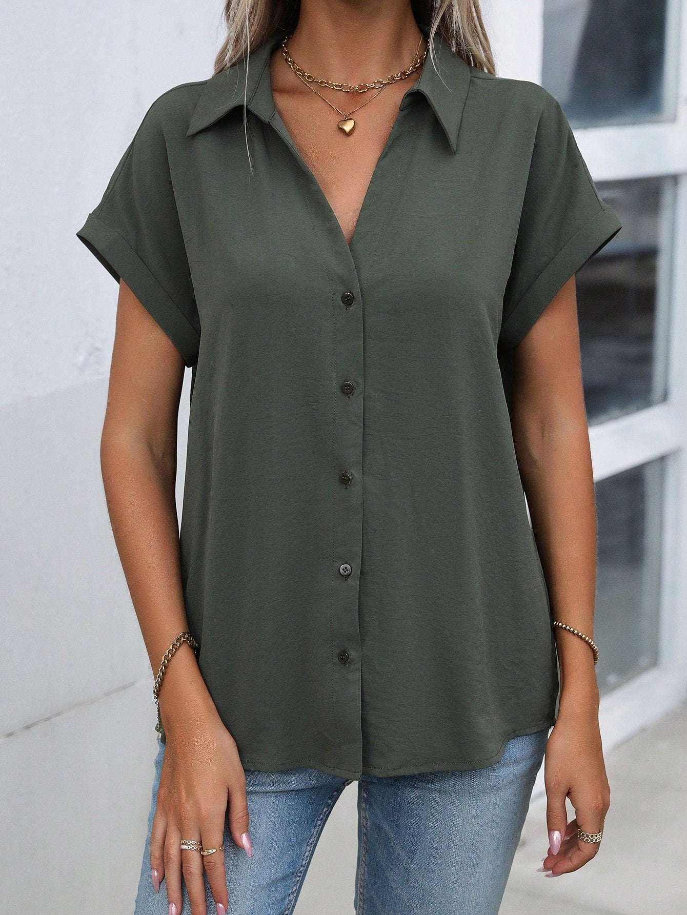 SHEIN LUNE Solid Batwing Sleeve Button Front Shirt,Short Sleeve Tops Army Green