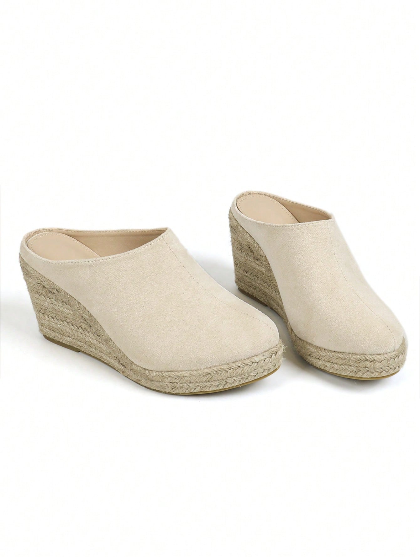 Round Toe Breathable Plush Fabric & Burlap Rope Fashion Wedge Heel Women's Slippers Beige