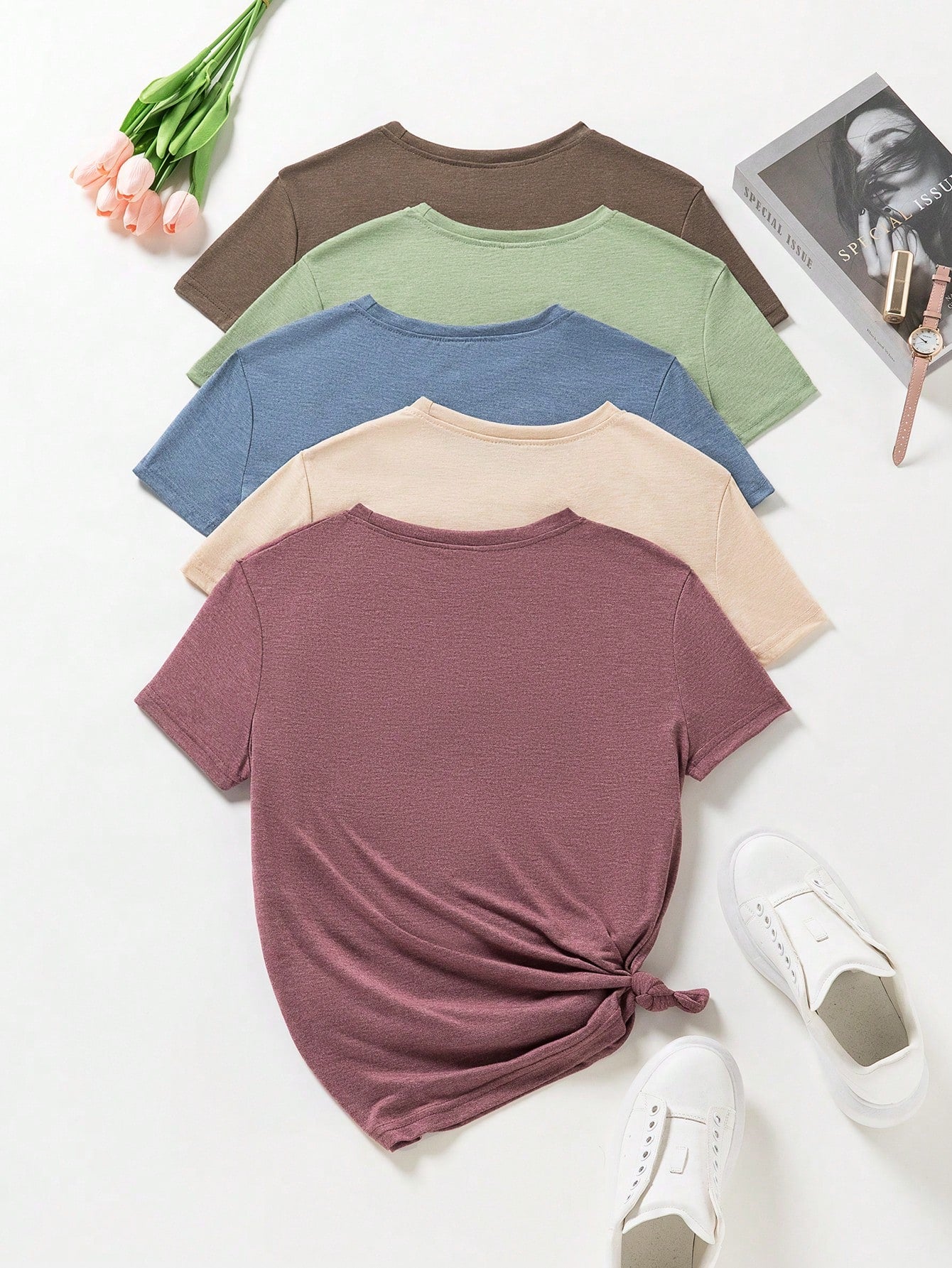 INAWLY Crew Neck Solid Color Short Sleeve Women's T-Shirt Multicolor
