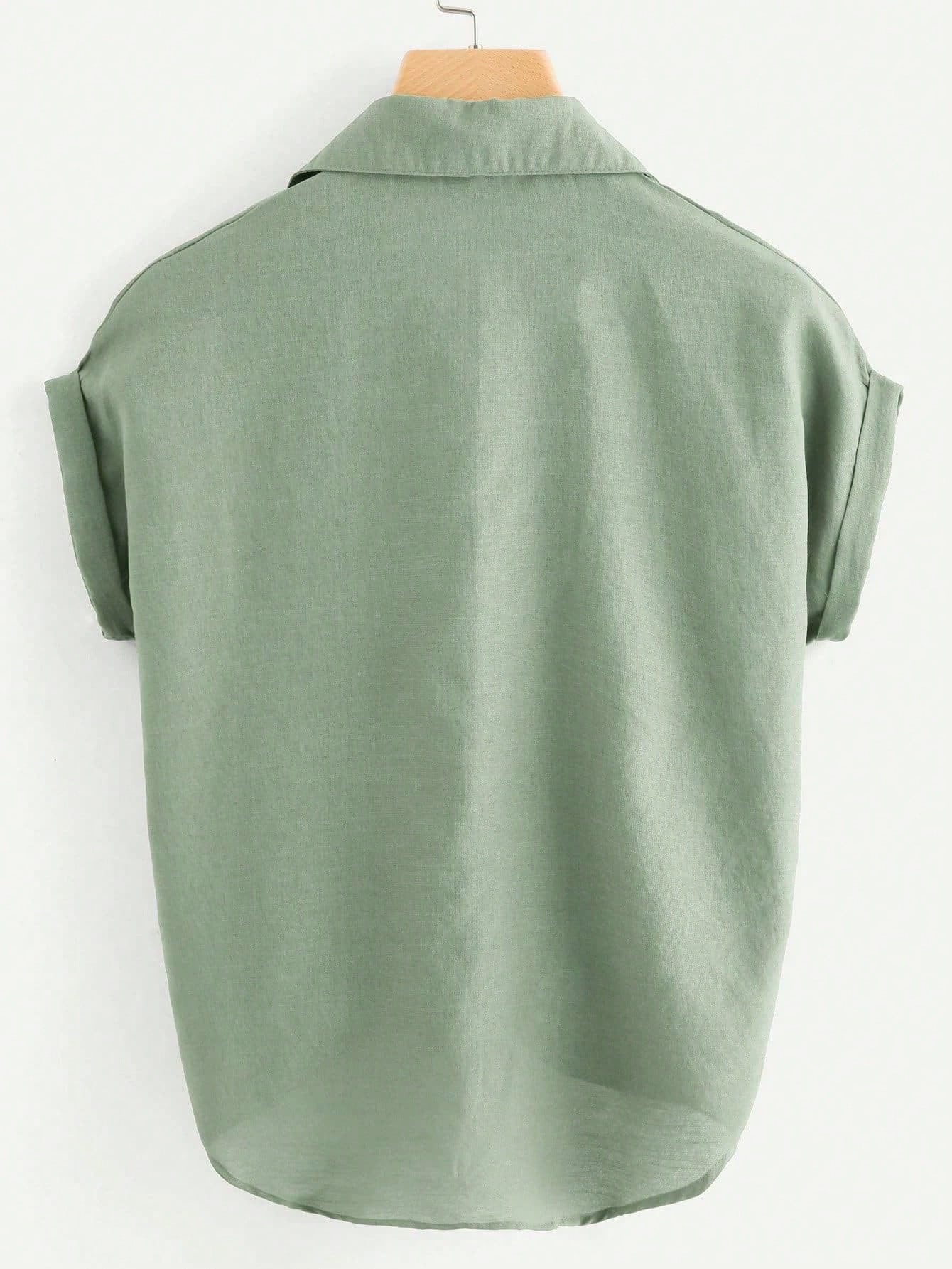 SHEIN LUNE Rolled Cuff Knotted Hem Shirt Mint Green