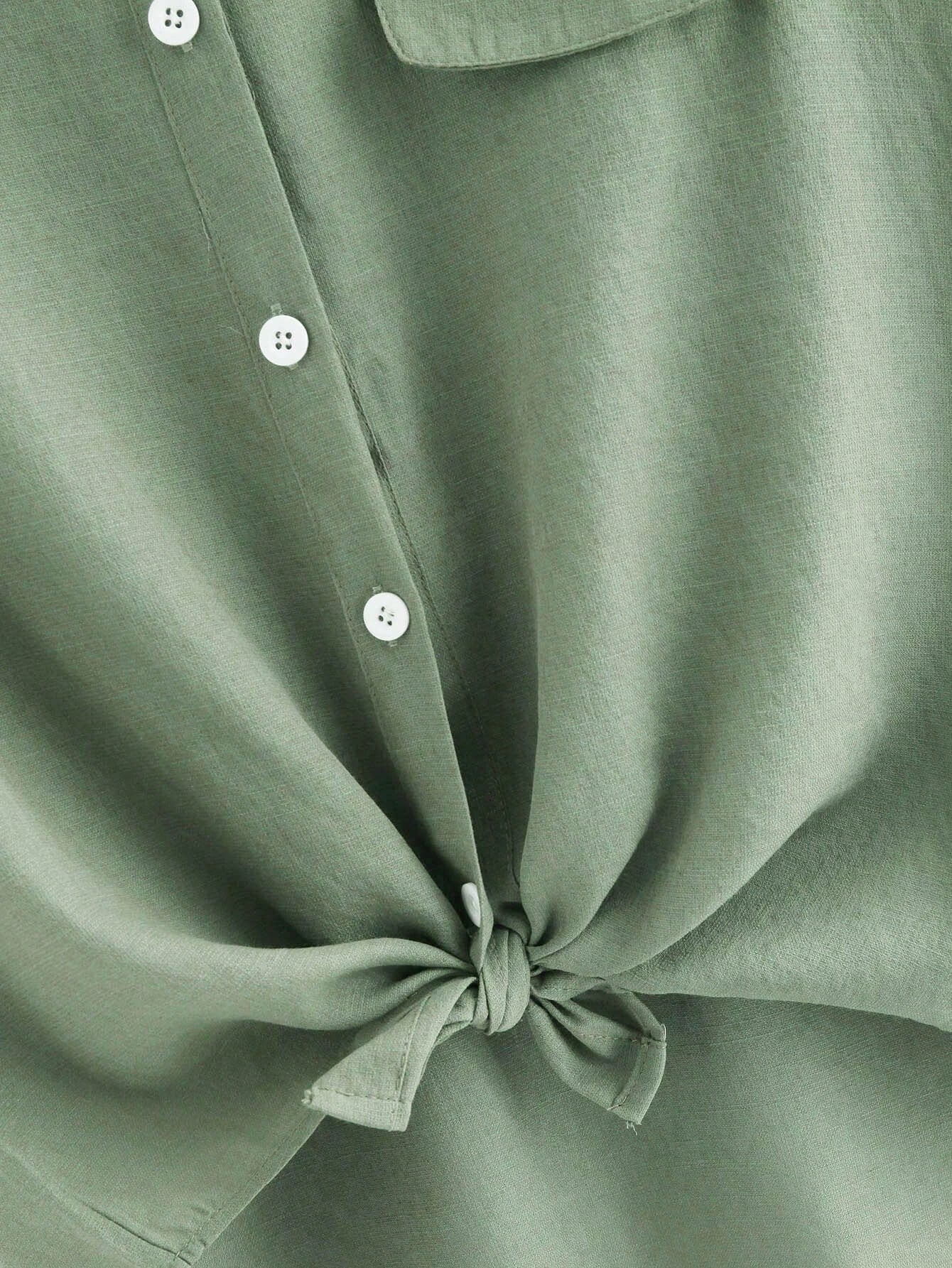 SHEIN LUNE Rolled Cuff Knotted Hem Shirt Mint Green