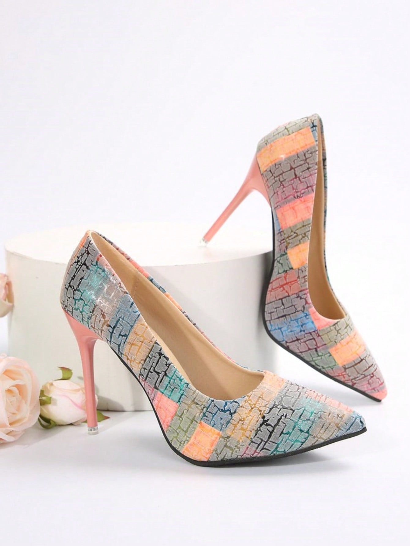 New Fashion Women Shoes, Versatile Printed Pointed High Heels With Stiletto Heels, Low Vamp Large Size Shoes, Women Size 41 And 42 Dusty Pink