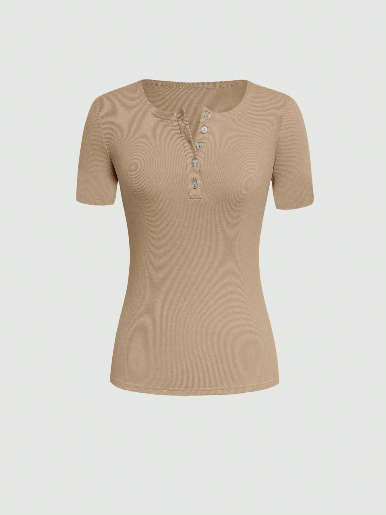 INAWLY Women Solid Color Button-Front Slim Fit Short Sleeve T-Shirt For Summer Apricot