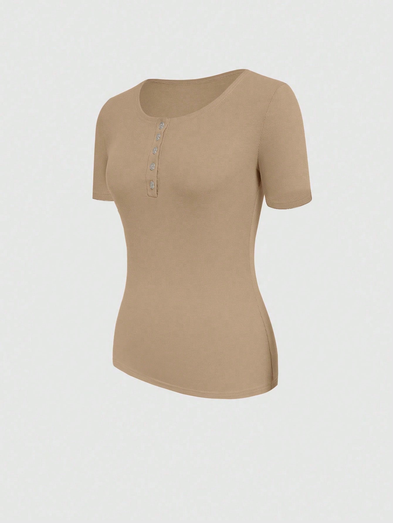INAWLY Women Solid Color Button-Front Slim Fit Short Sleeve T-Shirt For Summer Apricot