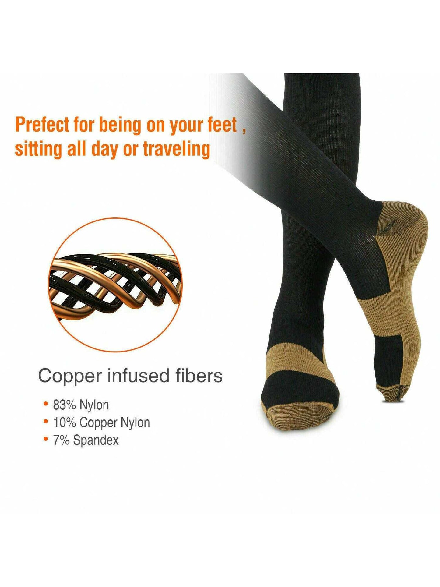 5 Pairs Copper Compression Socks Mens Womens S/M L/XL XXL 20-30mmHg Support Knee High Socks Stockings Unisex Energy Ankle Support Running Athletic Sports Fitness Socks Black