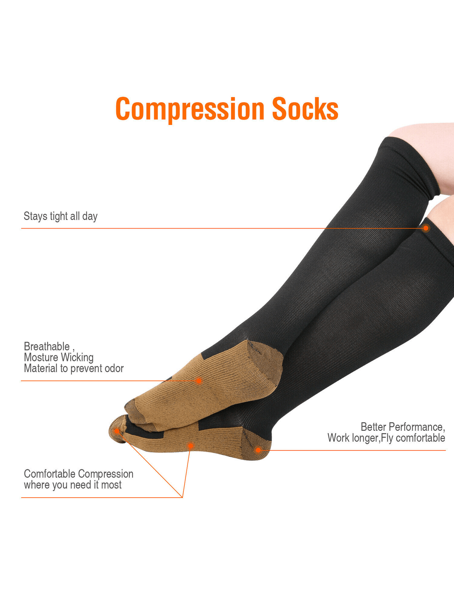 5 Pairs Copper Compression Socks Mens Womens S/M L/XL XXL 20-30mmHg Support Knee High Socks Stockings Unisex Energy Ankle Support Running Athletic Sports Fitness Socks Black