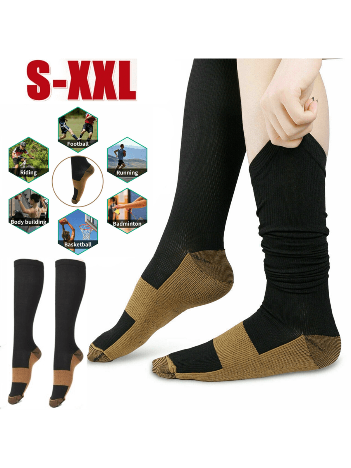 5 Pairs Copper Compression Socks Mens Womens S/M L/XL XXL 20-30mmHg Support Knee High Socks Stockings Unisex Energy Ankle Support Running Athletic Sports Fitness Socks Black