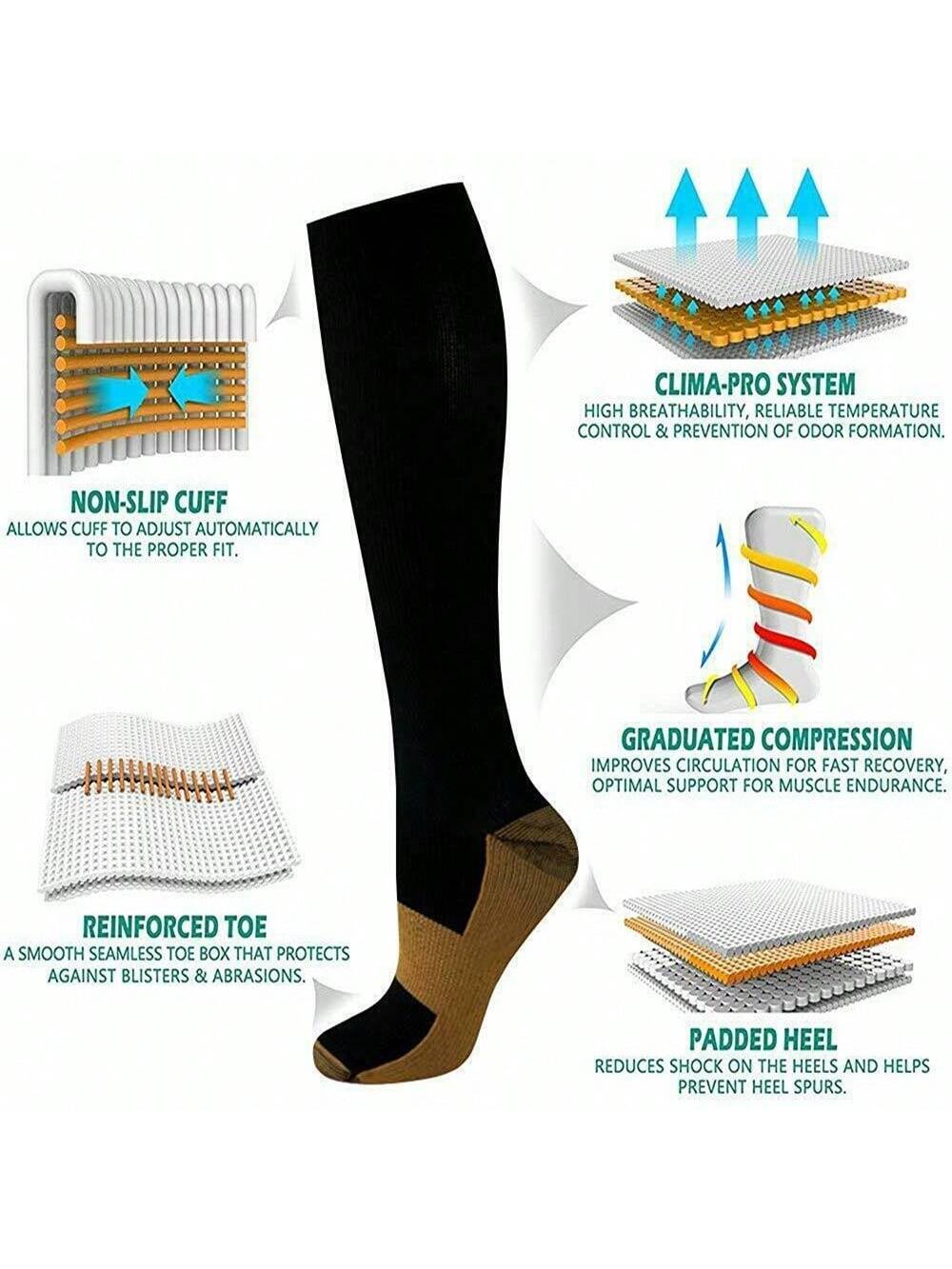 5 Pairs Copper Compression Socks Mens Womens S/M L/XL XXL 20-30mmHg Support Knee High Socks Stockings Unisex Energy Ankle Support Running Athletic Sports Fitness Socks Black