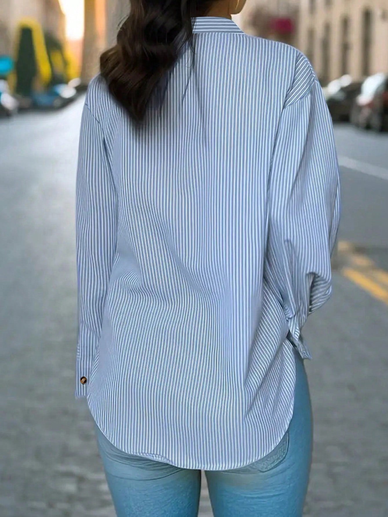 INAWLY Women's Vertical Striped Notched Collar Shirt,Long Sleeve Tops Blue