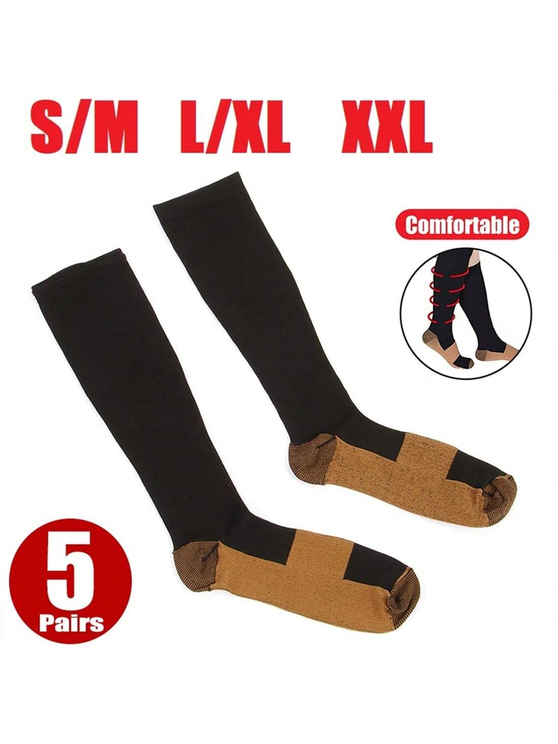 5 Pairs Copper Compression Socks Mens Womens S/M L/XL XXL 20-30mmHg Support Knee High Socks Stockings Unisex Energy Ankle Support Running Athletic Sports Fitness Socks Black