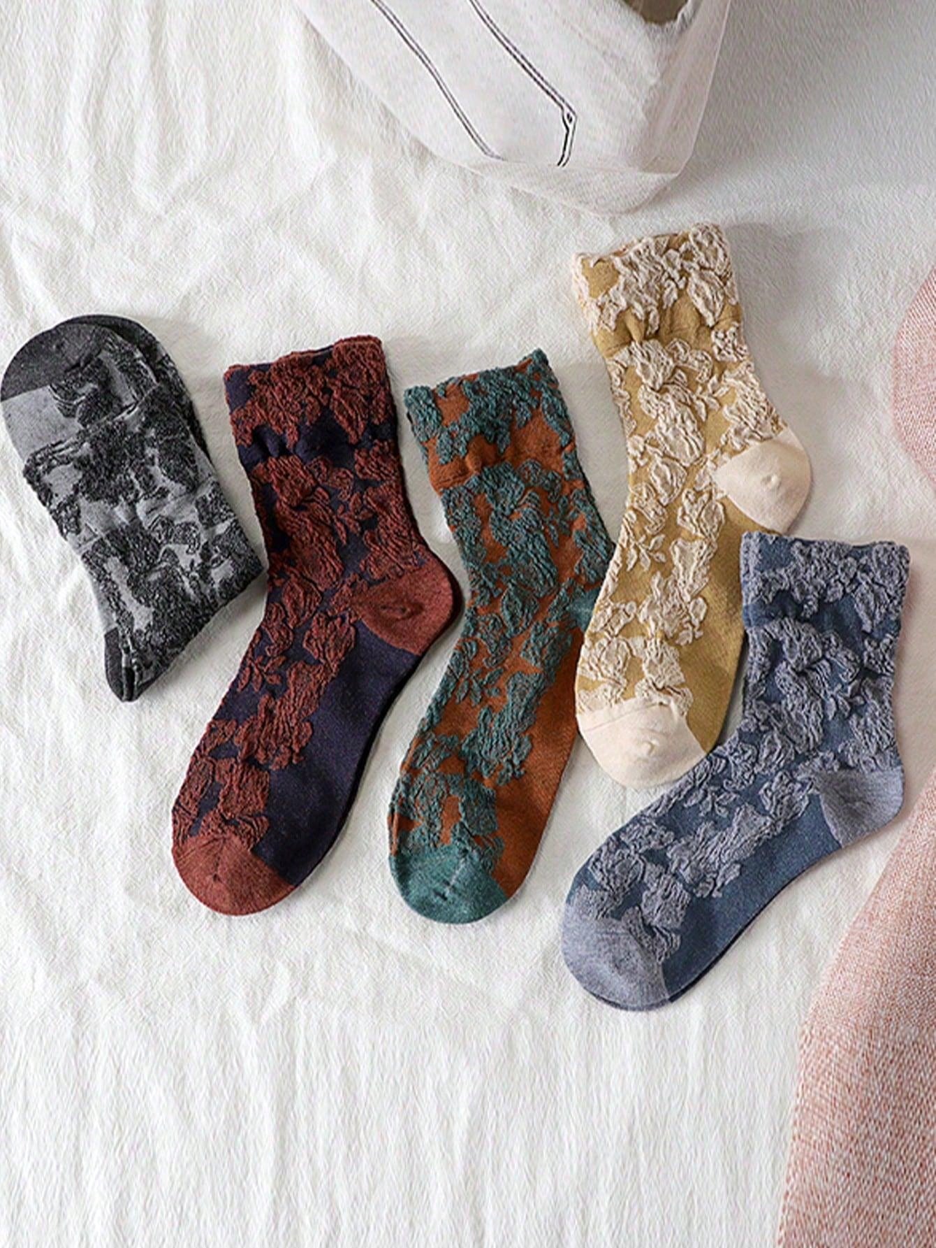 20pairs Women Retro 3D Floral Print Casual Comfortable Mid-Calf Socks Multicolor