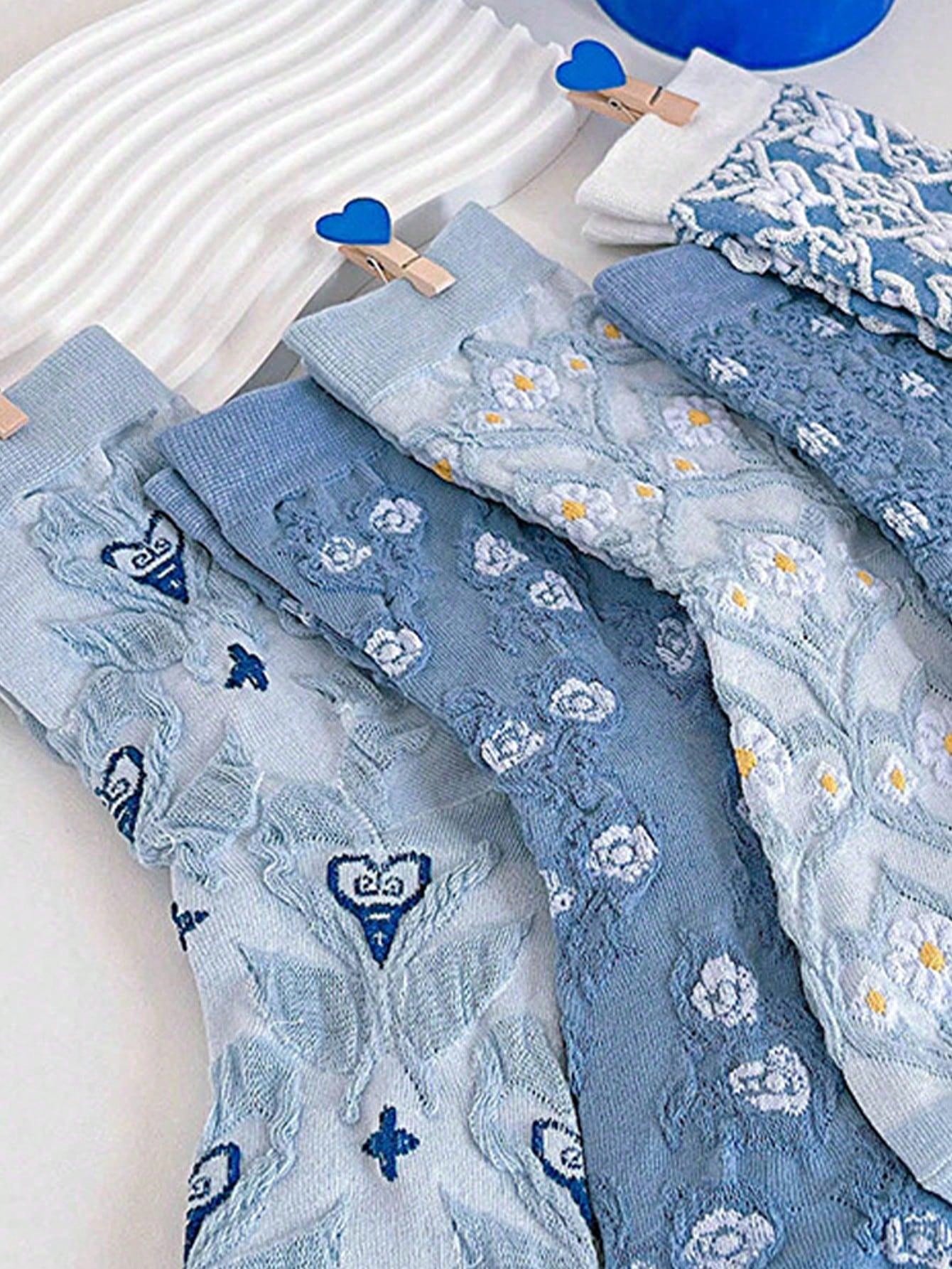 20pairs Women Retro 3D Floral Print Casual Comfortable Mid-Calf Socks Multicolor
