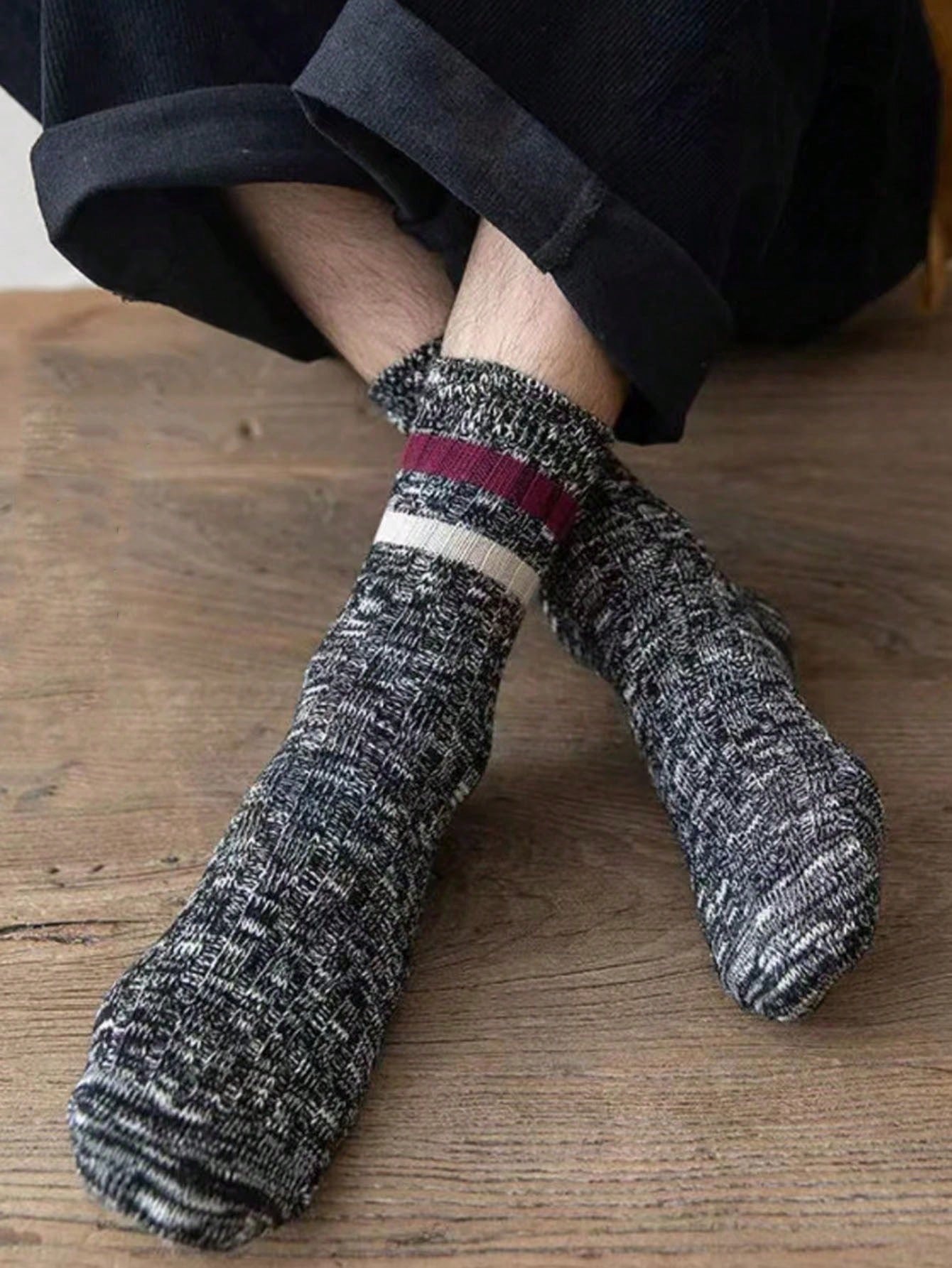 5 Pairs/10 Pairs BohemianRandom Color Autumn/Winter Mid-Calf Socks, Thick Yarn Mid-Calf Socks, Vertical Stripes Street Two-Bar Mid-Calf Socks Multicolor