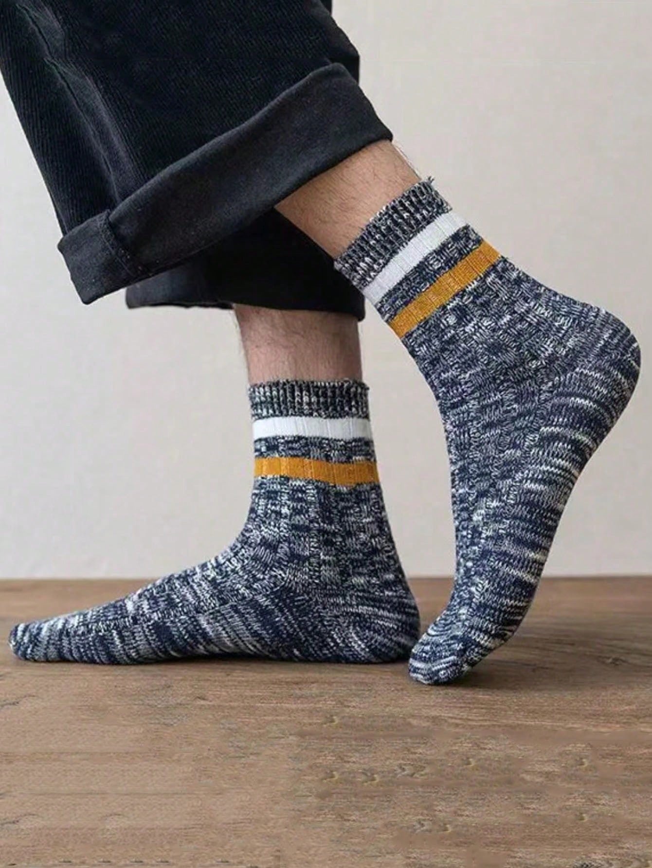 5 Pairs/10 Pairs BohemianRandom Color Autumn/Winter Mid-Calf Socks, Thick Yarn Mid-Calf Socks, Vertical Stripes Street Two-Bar Mid-Calf Socks Multicolor