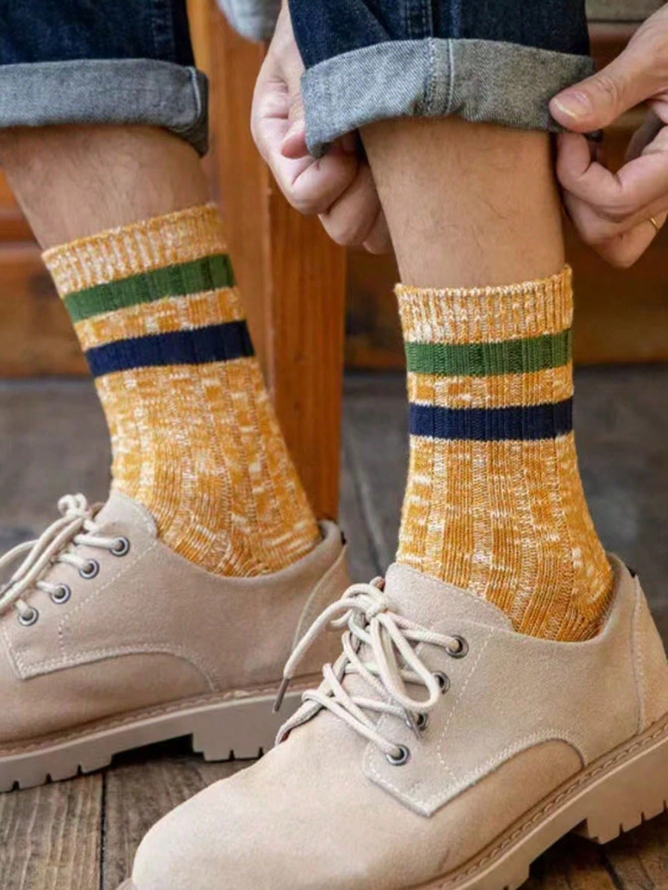 5 Pairs/10 Pairs BohemianRandom Color Autumn/Winter Mid-Calf Socks, Thick Yarn Mid-Calf Socks, Vertical Stripes Street Two-Bar Mid-Calf Socks Multicolor