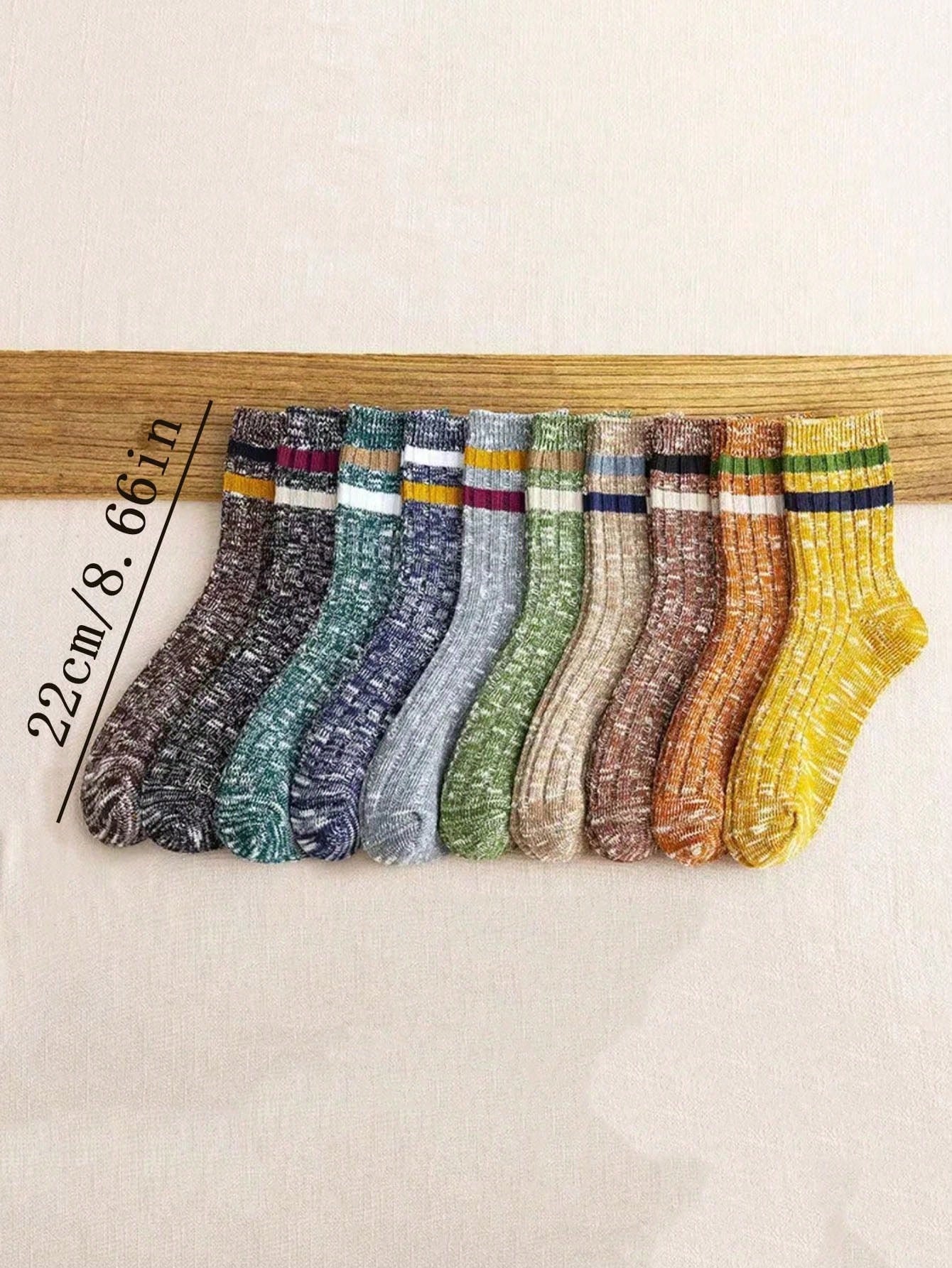 5 Pairs/10 Pairs BohemianRandom Color Autumn/Winter Mid-Calf Socks, Thick Yarn Mid-Calf Socks, Vertical Stripes Street Two-Bar Mid-Calf Socks Multicolor