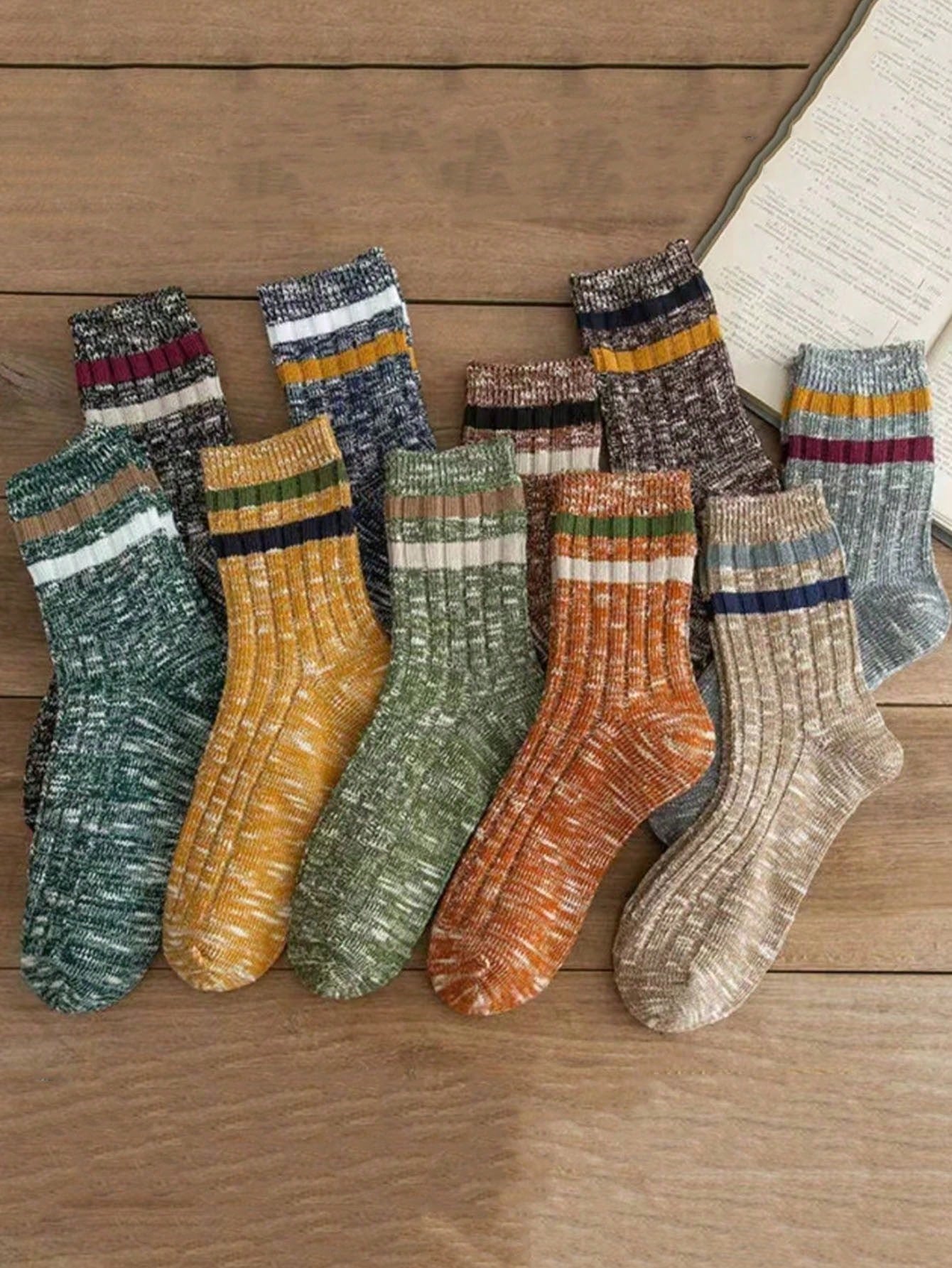 5 Pairs/10 Pairs BohemianRandom Color Autumn/Winter Mid-Calf Socks, Thick Yarn Mid-Calf Socks, Vertical Stripes Street Two-Bar Mid-Calf Socks Multicolor