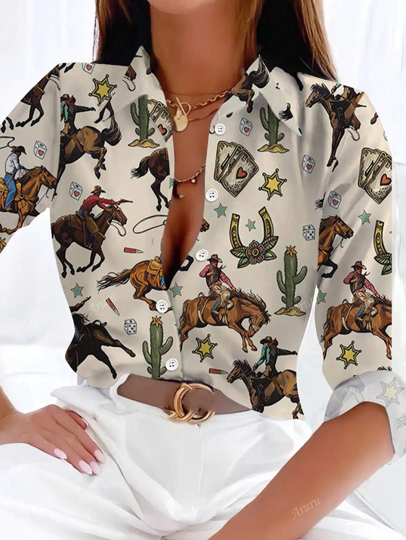 New Casual Floral Print Button-Up Shirt For Women Color