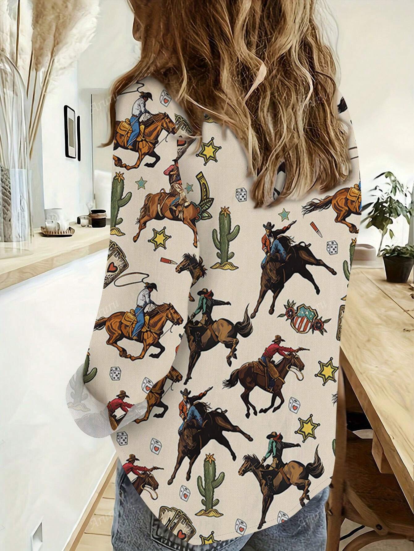 New Casual Floral Print Button-Up Shirt For Women Color