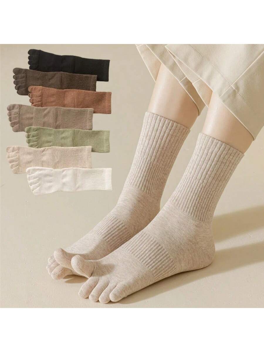 5 Pairs/Lot Women Five Fingers Socks 100% Cotton Solid Colour Ladies Split Toe Sports Socks Spring Autumn Harajuku Toe Socks Apricot