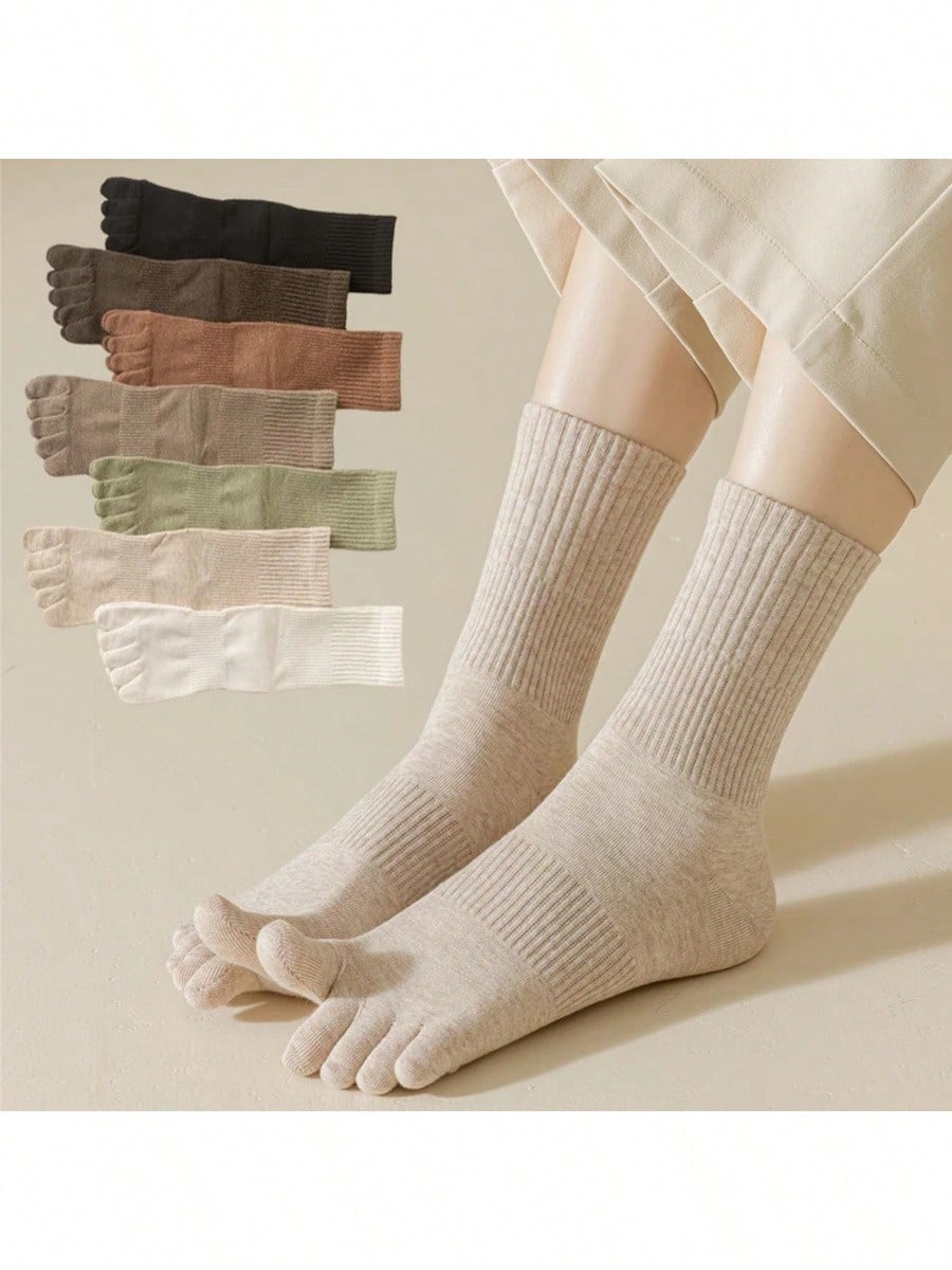 5 Pairs/Lot Women Five Fingers Socks 100% Cotton Solid Colour Ladies Split Toe Sports Socks Spring Autumn Harajuku Toe Socks Apricot