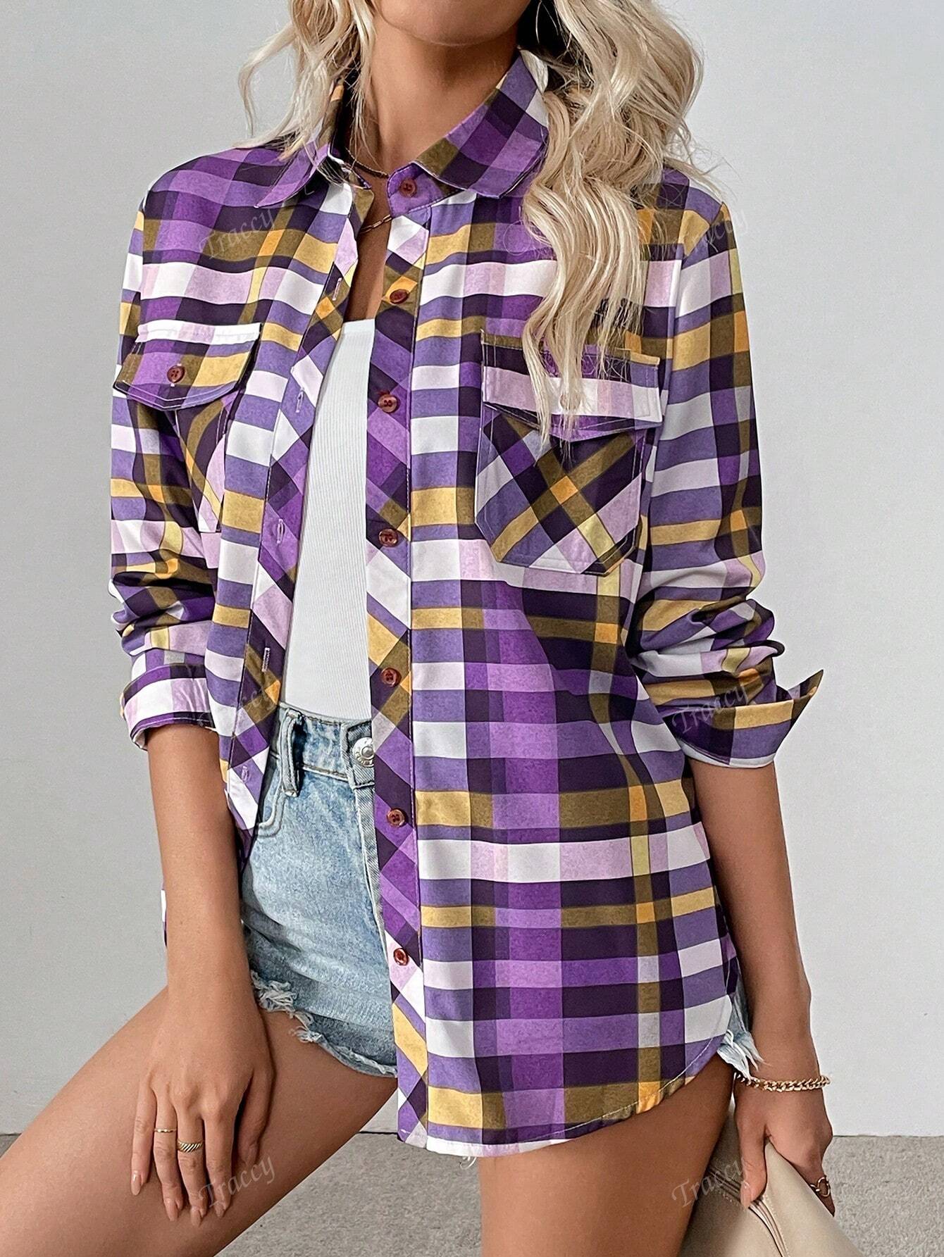 Long Sleeve Plaid Print Lapel Front Button Pocket Shirt Mauve Purple
