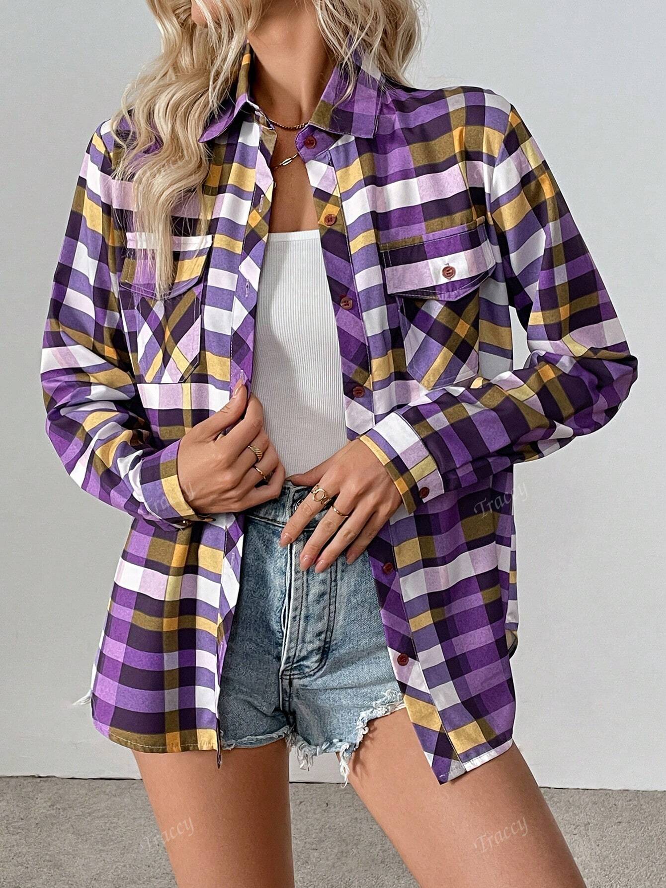 Long Sleeve Plaid Print Lapel Front Button Pocket Shirt Mauve Purple