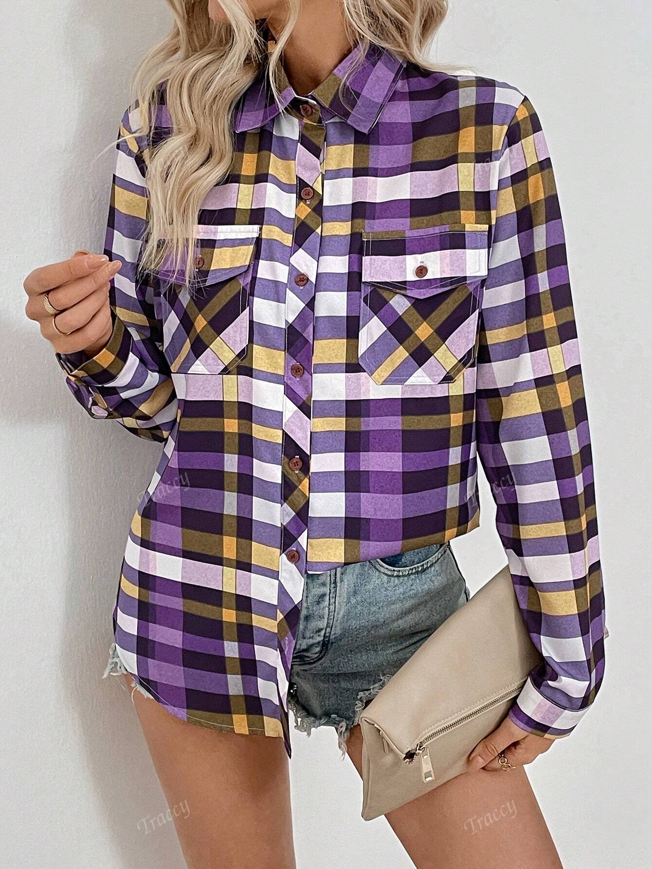 Long Sleeve Plaid Print Lapel Front Button Pocket Shirt Mauve Purple