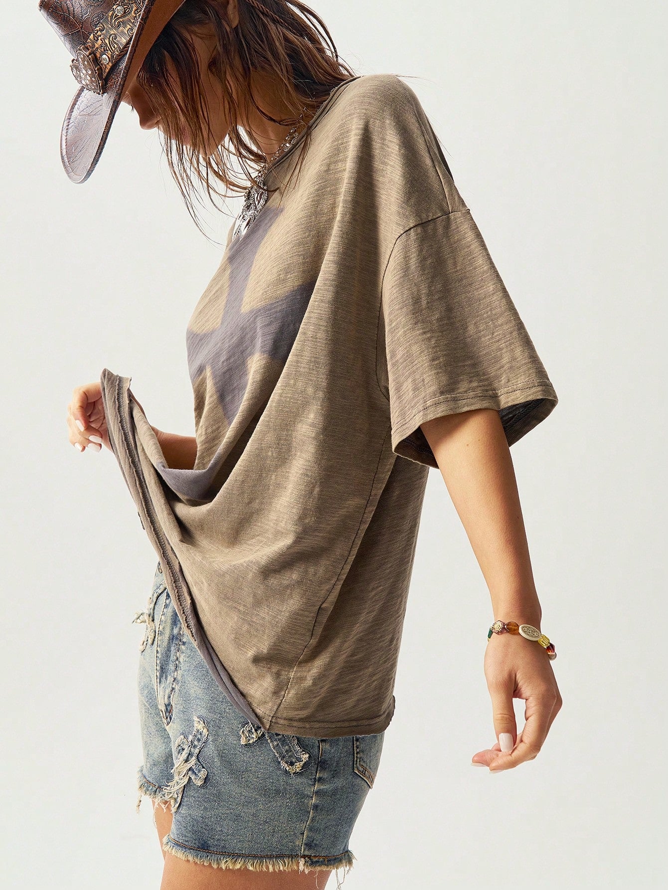 Bohemela Classic Solid Knit Round Neck Loose Wash Women Short Sleeve T-Shirt Army Green