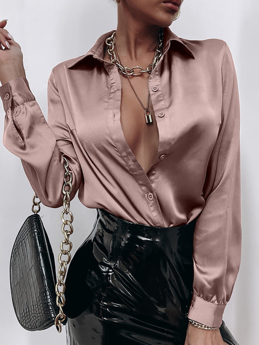 SHEIN Raffinéa Satin Solid Button Front Shirt,Ladies Elegant Button Long Sleeve Collar Regular Fit Regular Dusty Pink Regular Sleeve Shirt Women Blouses,Spring/Fall ,Professional/Business Attire/Workwear,Long Sleeve Tops Dusty Pink