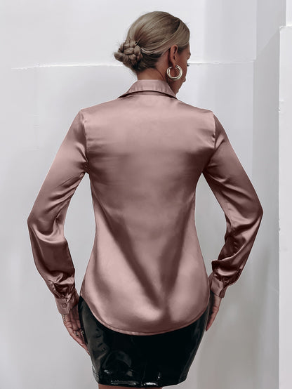 SHEIN Raffinéa Satin Solid Button Front Shirt,Ladies Elegant Button Long Sleeve Collar Regular Fit Regular Dusty Pink Regular Sleeve Shirt Women Blouses,Spring/Fall ,Professional/Business Attire/Workwear,Long Sleeve Tops Dusty Pink