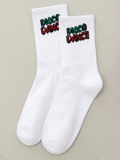 1pair Unisex Fashion Street Wear Moisture Wicking Breathable Letter Pattern Mid-Calf Socks, Suitable For Daily Wear White