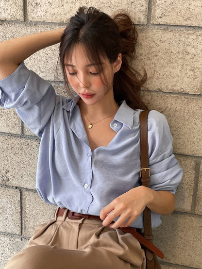DAZY Button Up Drop Shoulder Shirt Dusty Blue