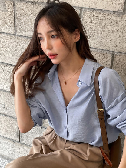 DAZY Button Up Drop Shoulder Shirt Dusty Blue