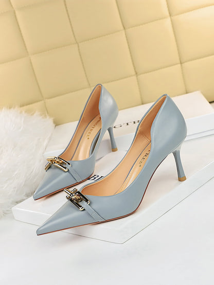 Chain Decor Point Toe Stiletto Heeled Court Pumps, Fashionable Metal Chain In Smog Blue, Pure Metallic Monochrome High Heels For Women Dusty Blue