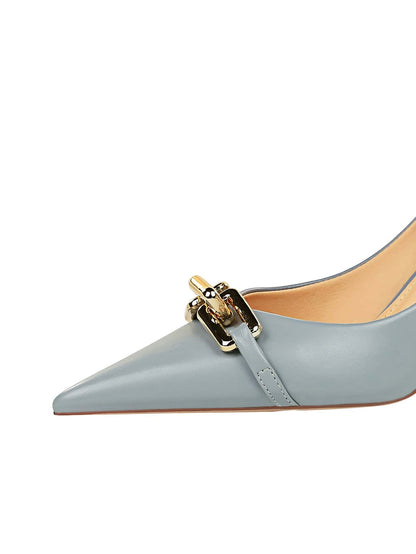 Chain Decor Point Toe Stiletto Heeled Court Pumps, Fashionable Metal Chain In Smog Blue, Pure Metallic Monochrome High Heels For Women Dusty Blue