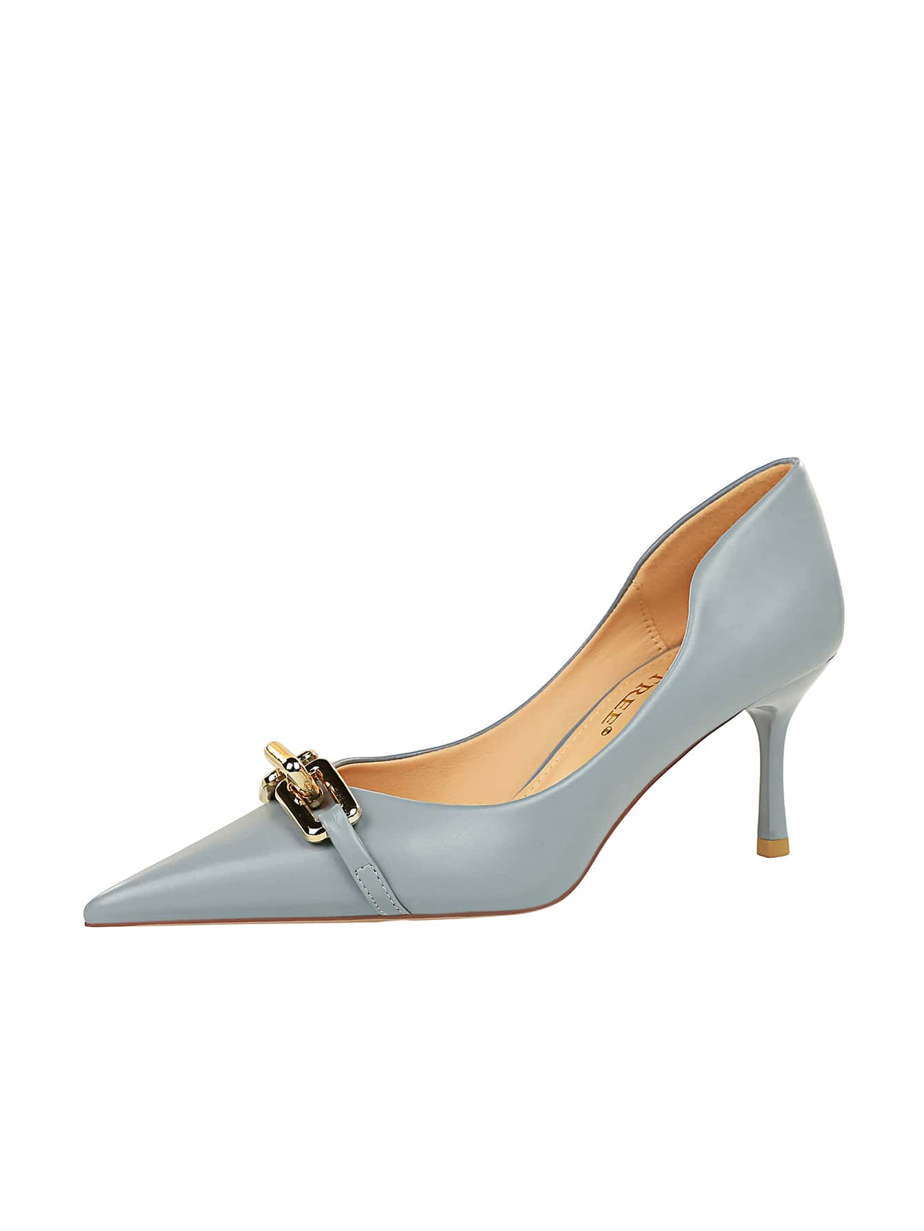 Chain Decor Point Toe Stiletto Heeled Court Pumps, Fashionable Metal Chain In Smog Blue, Pure Metallic Monochrome High Heels For Women Dusty Blue