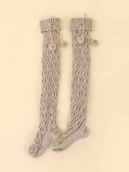 1pair Women Solid Pom Pom Decor Fashion  Over The Knee Socks, For Winter Beige