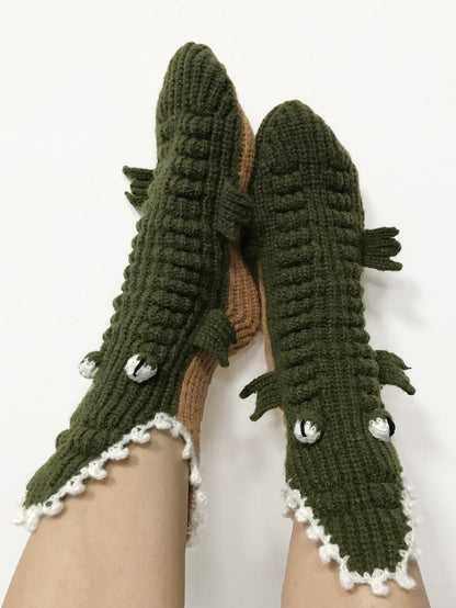 Cartoon Crocodile Design Crew Socks Green