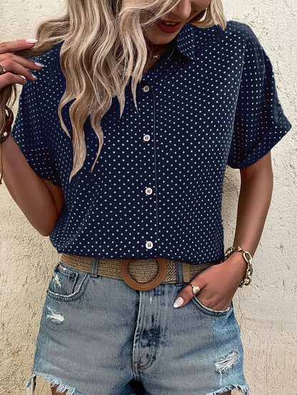 EMERY ROSE Polka Dot Print Batwing Sleeve Shirt Navy Blue