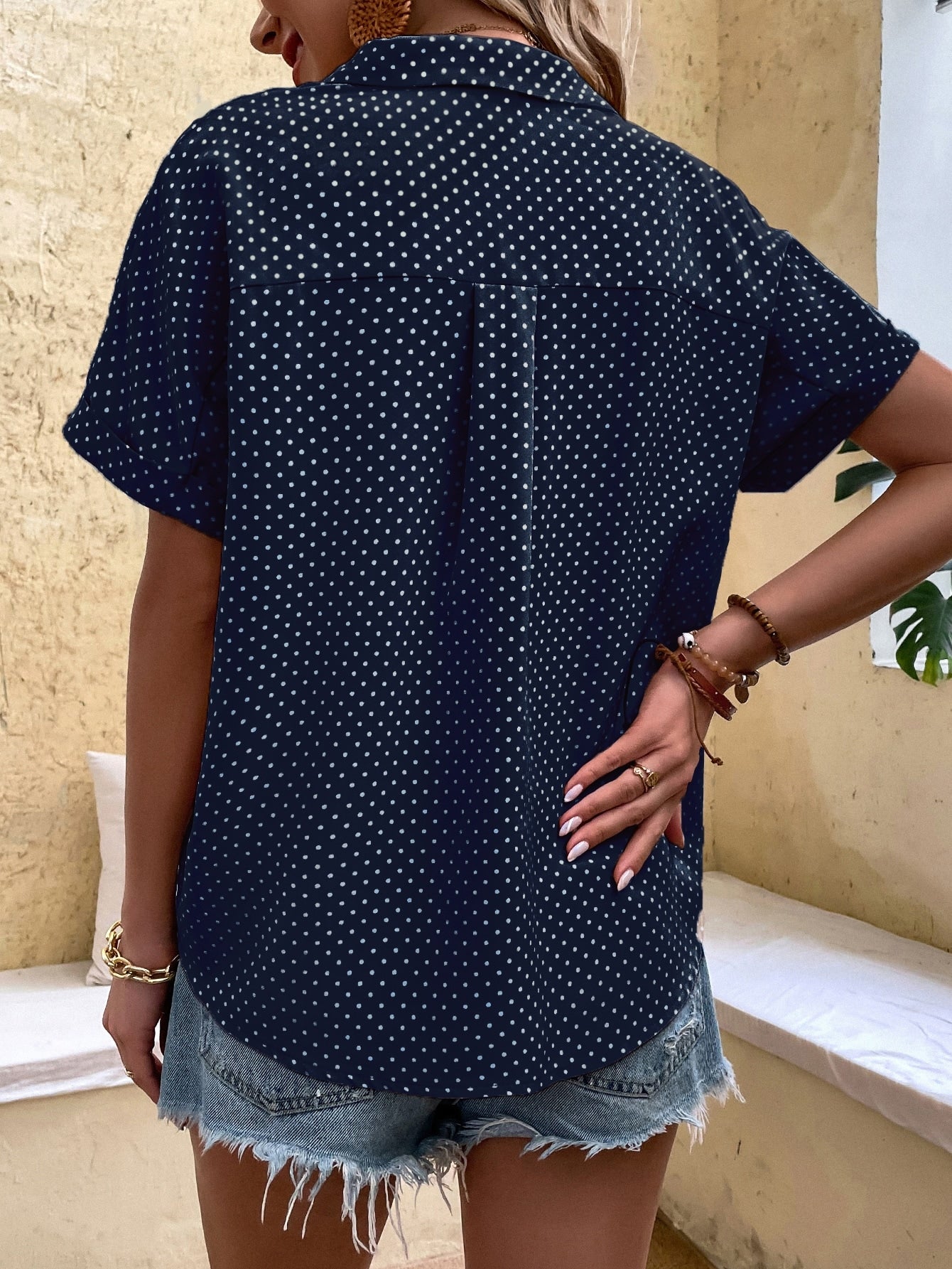 EMERY ROSE Polka Dot Print Batwing Sleeve Shirt Navy Blue