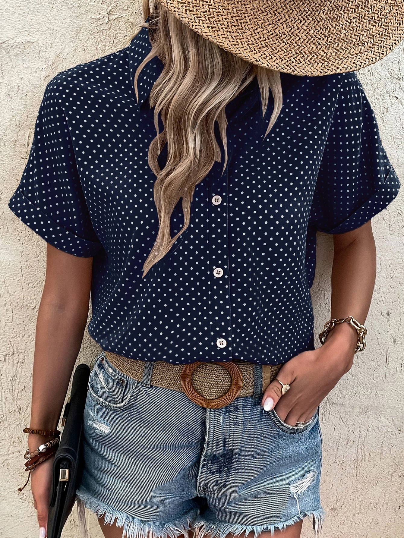 EMERY ROSE Polka Dot Print Batwing Sleeve Shirt Navy Blue
