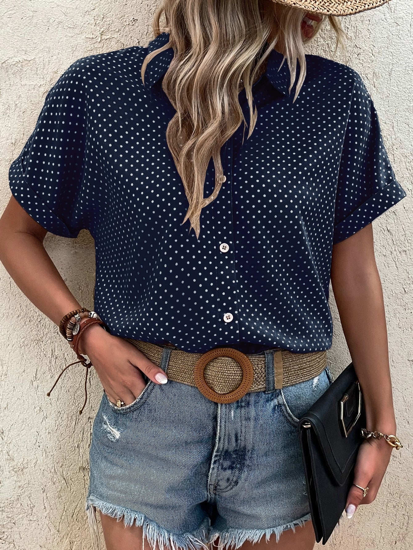 EMERY ROSE Polka Dot Print Batwing Sleeve Shirt Navy Blue